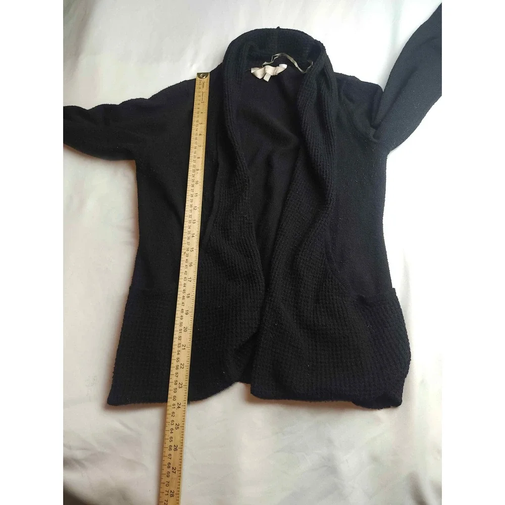 Chloe & Jasmine Black Waffle Knit Open Front Shawl Cardigan Sweater Womens M